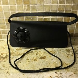 ELEGANT SMALL BLACK EVENING BAG WITH A ROSE IN EUC